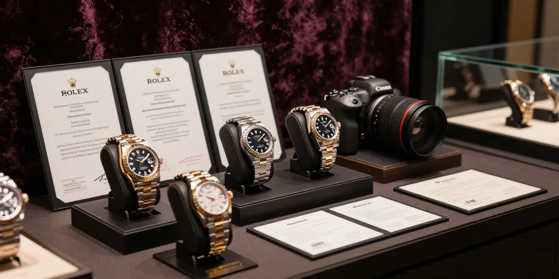 Showcasing stunning Rolex replica watches with authenticity certificates on a luxury display table.