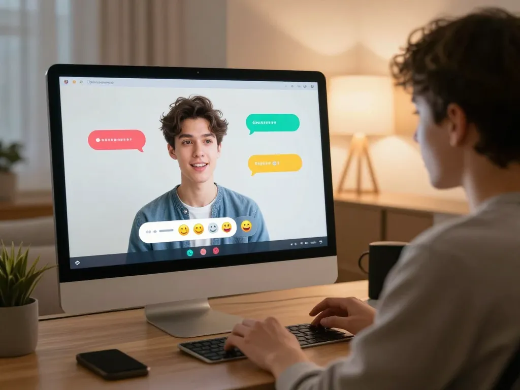 Spicychat engaging user in a friendly virtual conversation with a character on-screen in a cozy home office