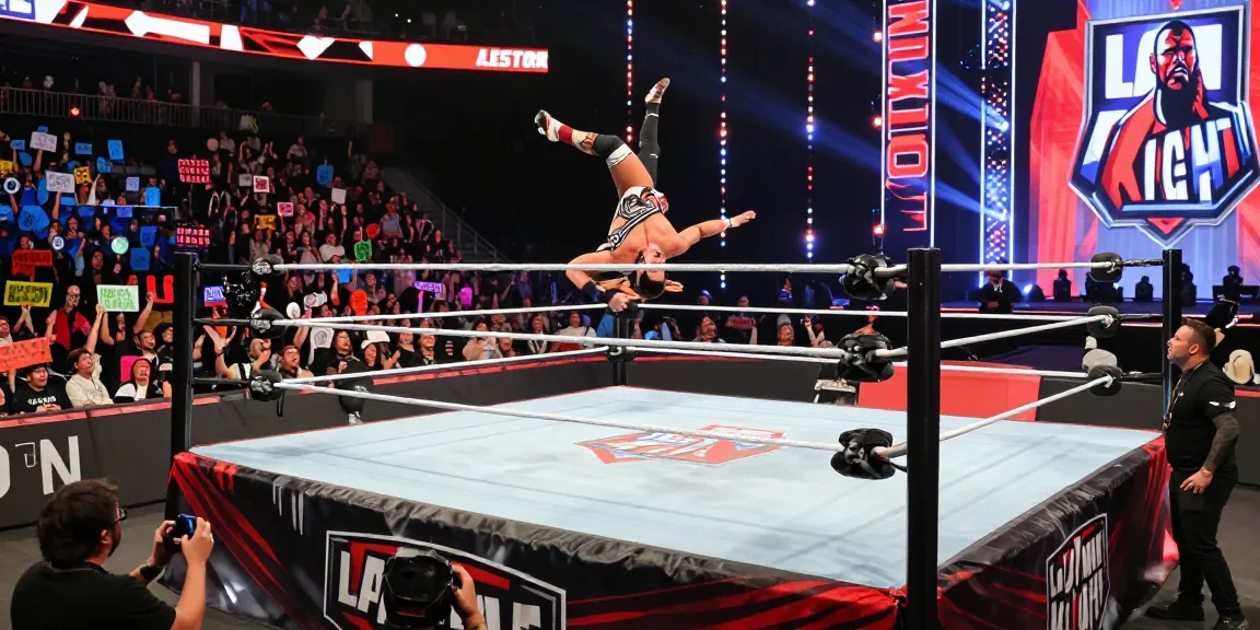 LA Knight performing in the wrestling ring amidst an excited crowd.