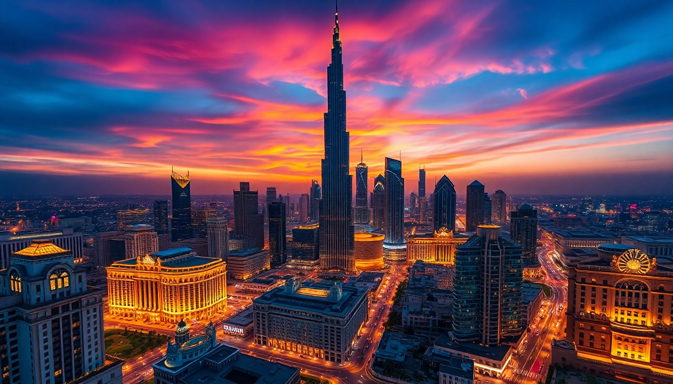 Ultimate Dubai Guide featuring a stunning aerial view of Dubai's skyline at sunset.