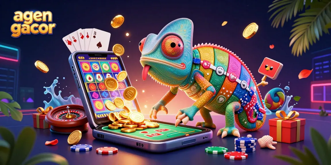 Engage with agen gacor in vibrant casino settings, featuring dynamic gaming elements and chameleon character.