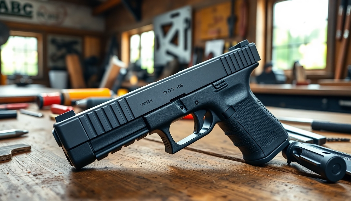 Showcasing the glock 19 gen 3 oem slide with detailed craftsmanship on a workbench.
