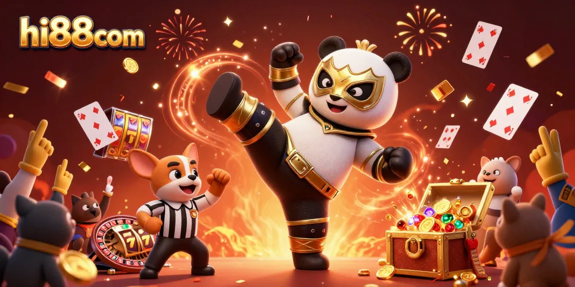 Join the action at hi88com with an energetic casino illustration showcasing a panda wrestler and playful animal spectators.