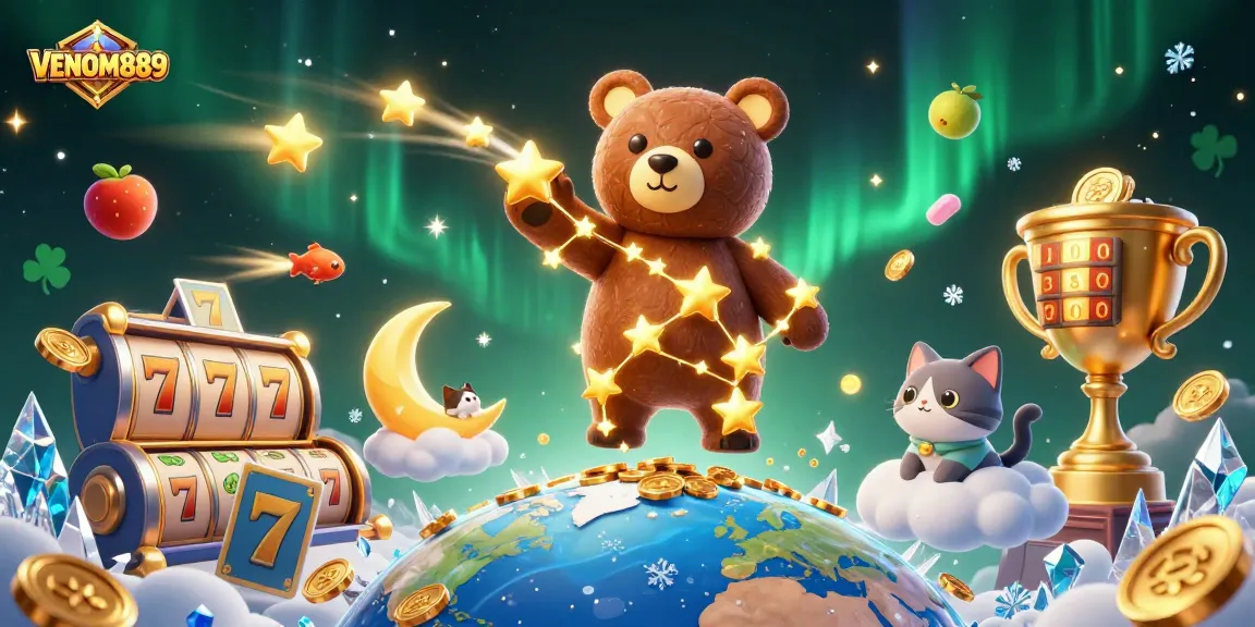 Experience the excitement of VENOM889 with a stunning 3D illustration of a constellation bear scooping up coins, surrounded by engaging gambling elements.
