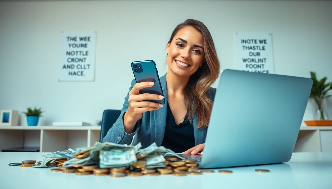Trade old phone for cash with a woman evaluating her options in a bright office.