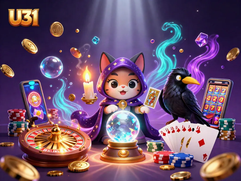 Experience thrilling gaming action with U31 at an animated casino adventure featuring a mystical cat, raven, and gold coins.