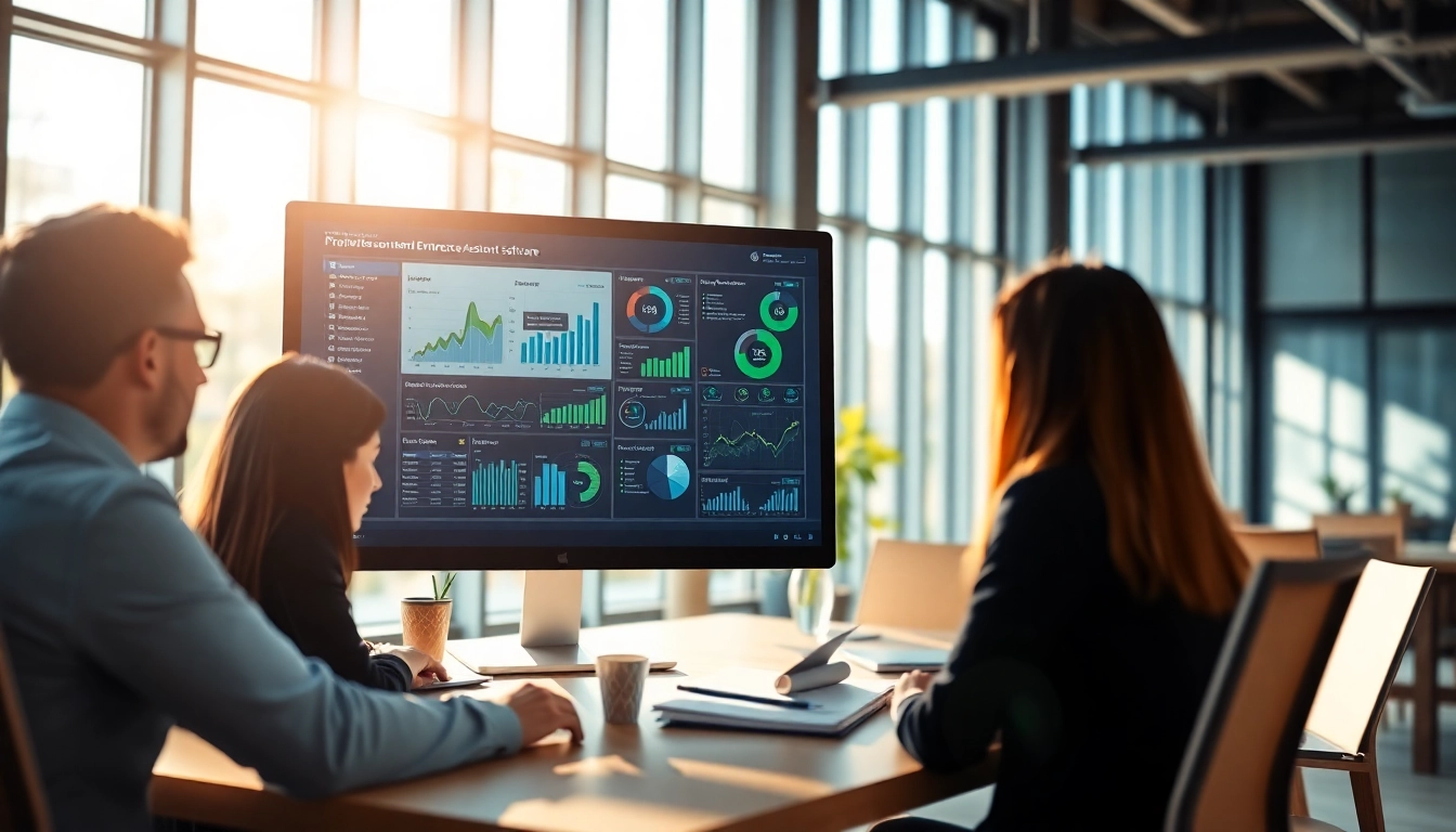Engaging team utilizing enterprise assistant software displayed on a sleek monitor, showcasing efficiency.