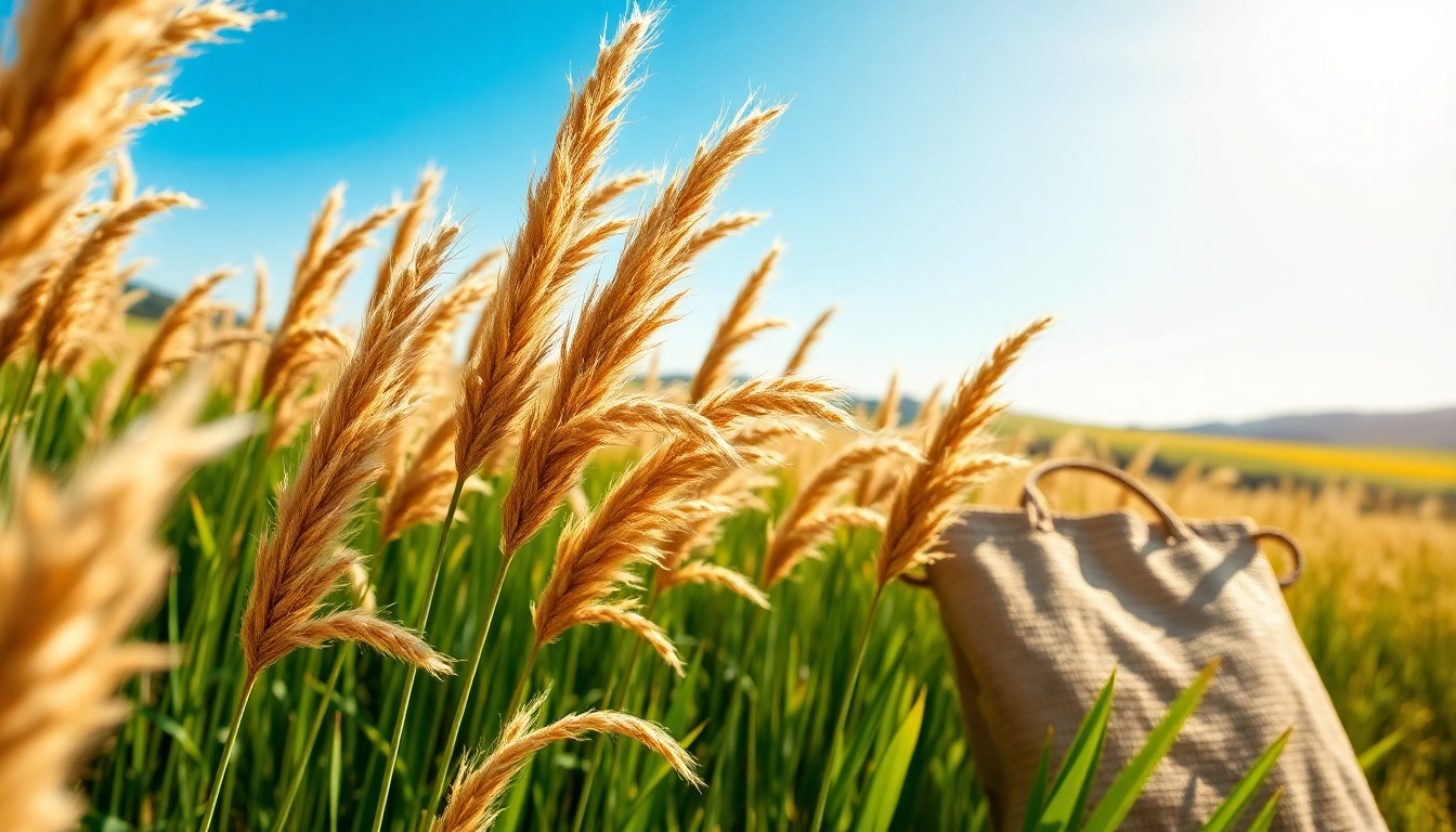 Jute planten in een zonnig veld, met close-up van jutevezels en een jute product ernaast.