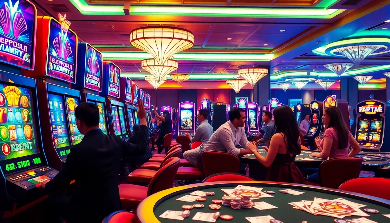 Pemain yang menang di mesin slot deposit pulsa dalam lingkungan kasino kelas atas.