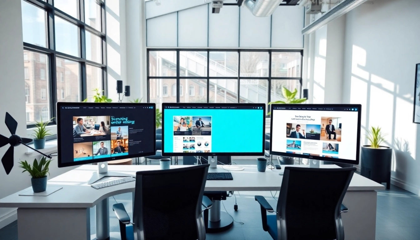Showcase of Hereford Website Designers in a modern workspace with vibrant design screens.