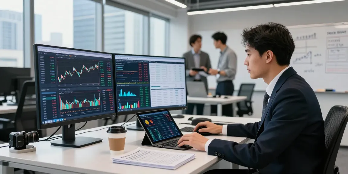 Focused analyst using financial market analysis tools in a modern office.