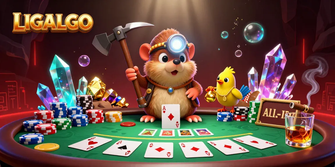 LIGALGO offers thrilling gaming experiences with a vibrant scene of a treasure hunter mole, poker elements, and glowing gems.