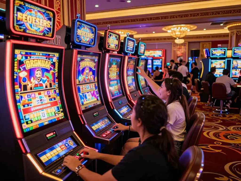 Exciting players engaging in slot bet 100 actions at a vibrant casino slot machine area