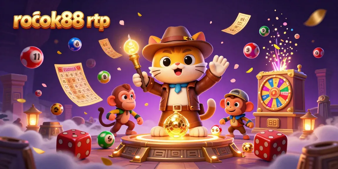 Engage with the excitement of rokok88 rtp featuring a cat explorer uncovering casino artifacts amidst vibrant game elements.