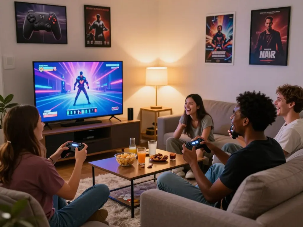 Friends enjoying a free porn game together in a cozy living room setting, showcasing laughter and excitement.
