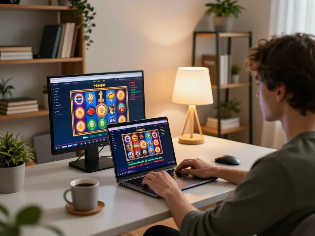 Engaged player on 92slot enjoying online gaming on laptop at home