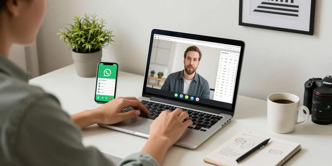 Engaging with WhatsApp電腦版 on a sleek laptop in a modern home office.