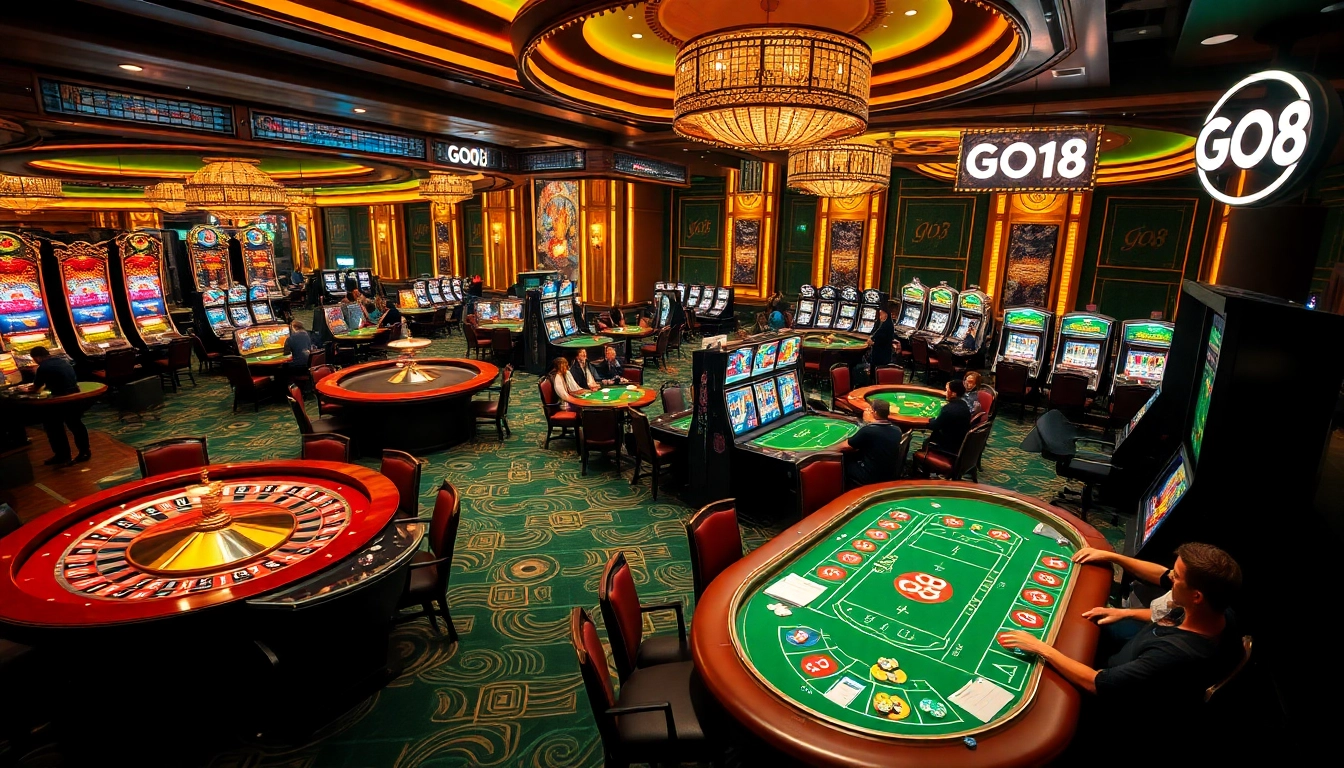 Players engaging in thrilling poker games at GO8 Casino with vibrant tables and slot machines.