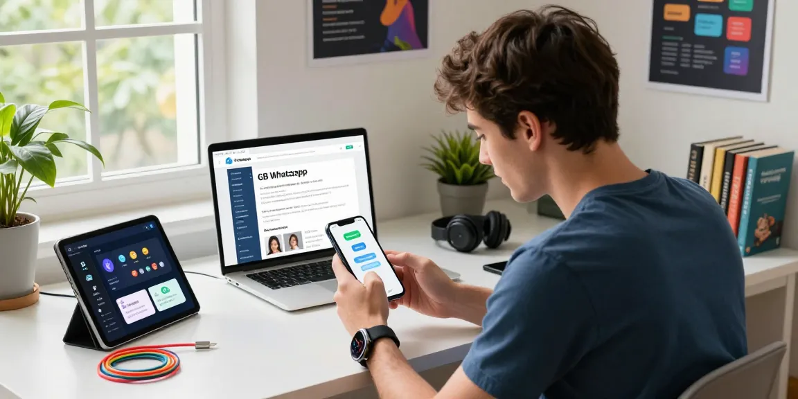 Engaged user exploring GB WhatsApp APK features on smartphone in a modern tech workspace