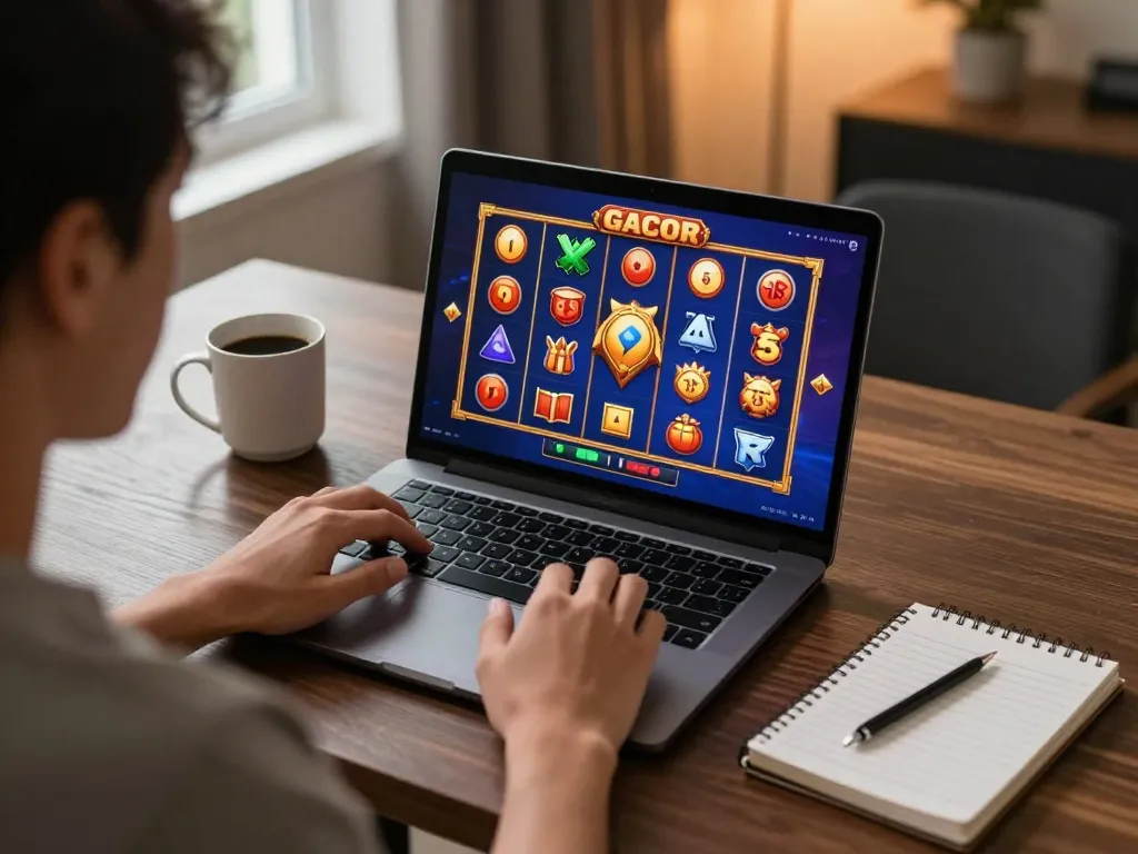 Memainkan permainan slot gacor di laptop dalam pengaturan rumah yang nyaman dengan pencahayaan hangat dan catatan strategi.