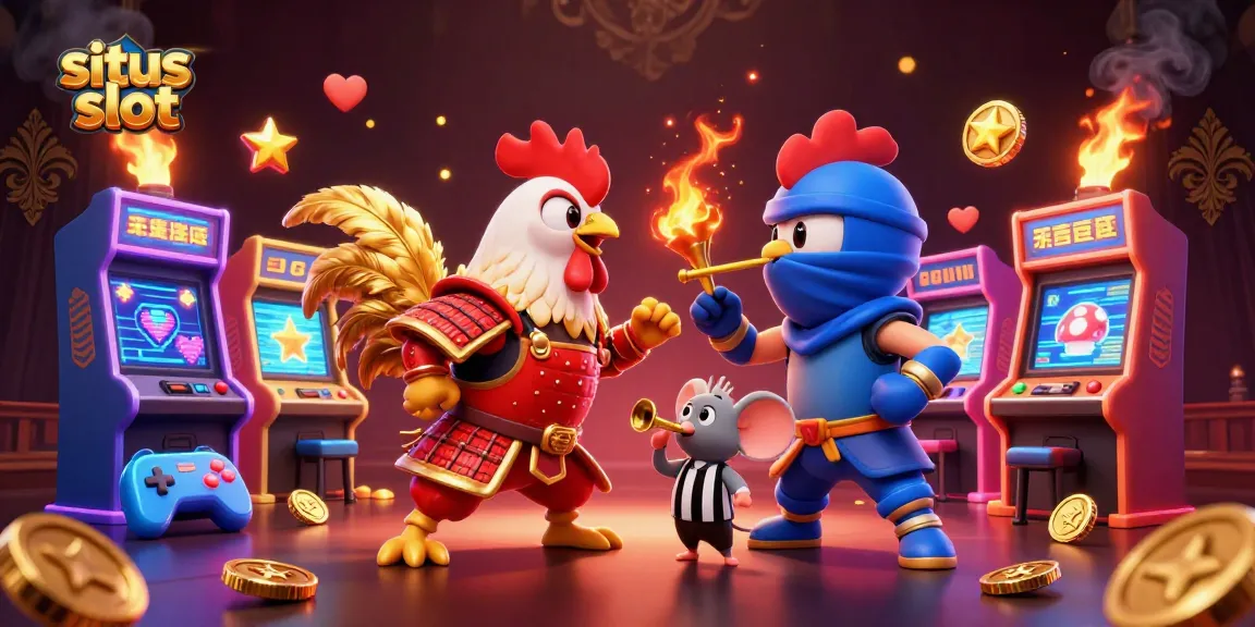 Engage with exciting situs slot gameplay in this vibrant illustration of a rooster battle.