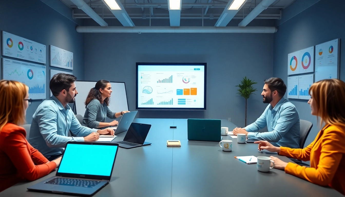 Collaborative team analyzing Content Gap Analysis data in a modern office.