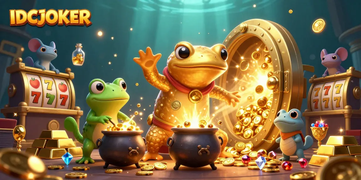 Play exciting slots with IDCJOKER featuring vibrant characters and gold elements