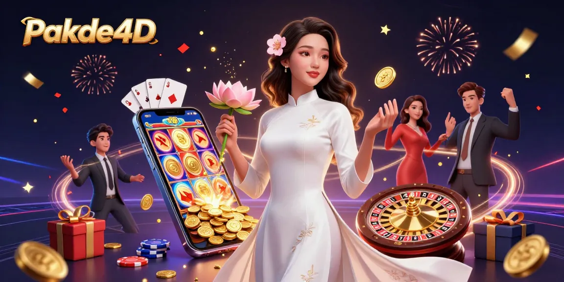 Experience winning moments with Pakde4D as a graceful Asian woman holds a lotus and golden coin surrounded by gambling elements.