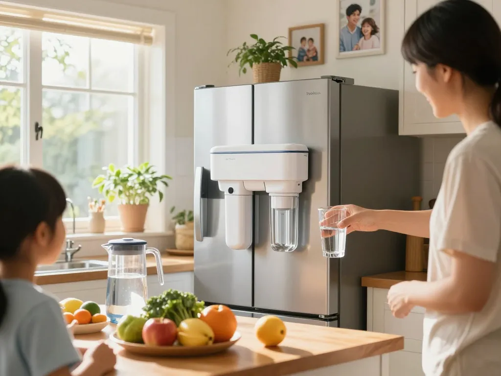 EcoAqua 5231JA2006A Refrigerator Water Filter providing pure drinking water in a bright kitchen.