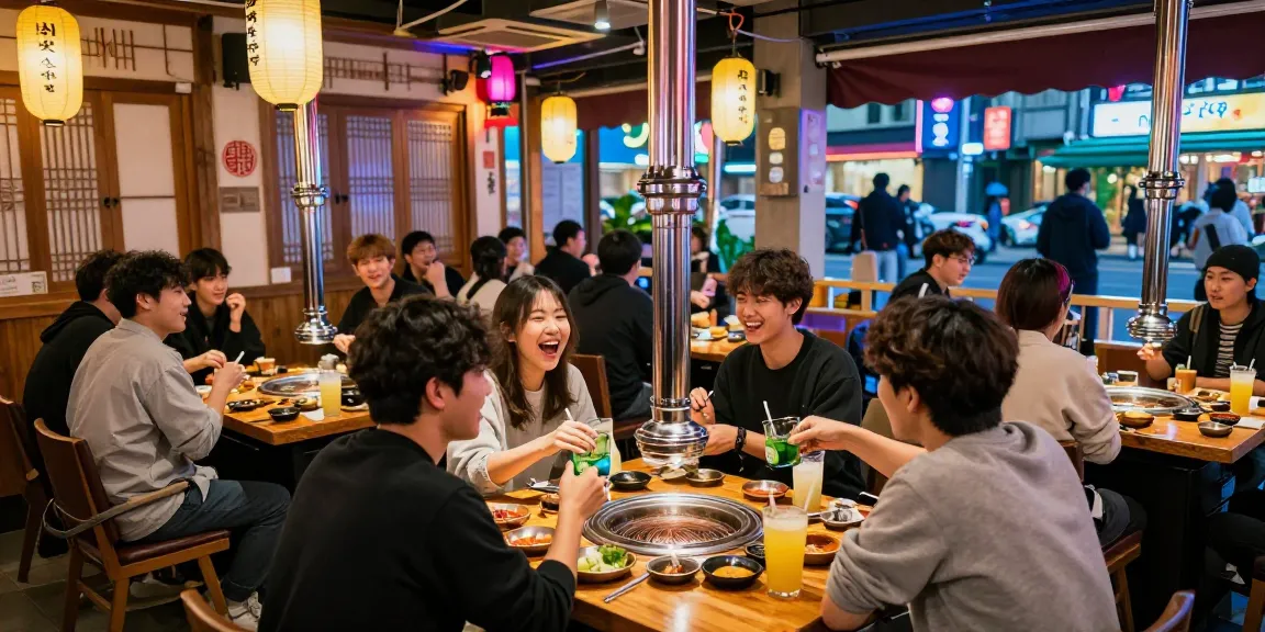 A lively group enjoying Korean BBQ at 상봉동 한국관나이트 restaurant under neon lights.