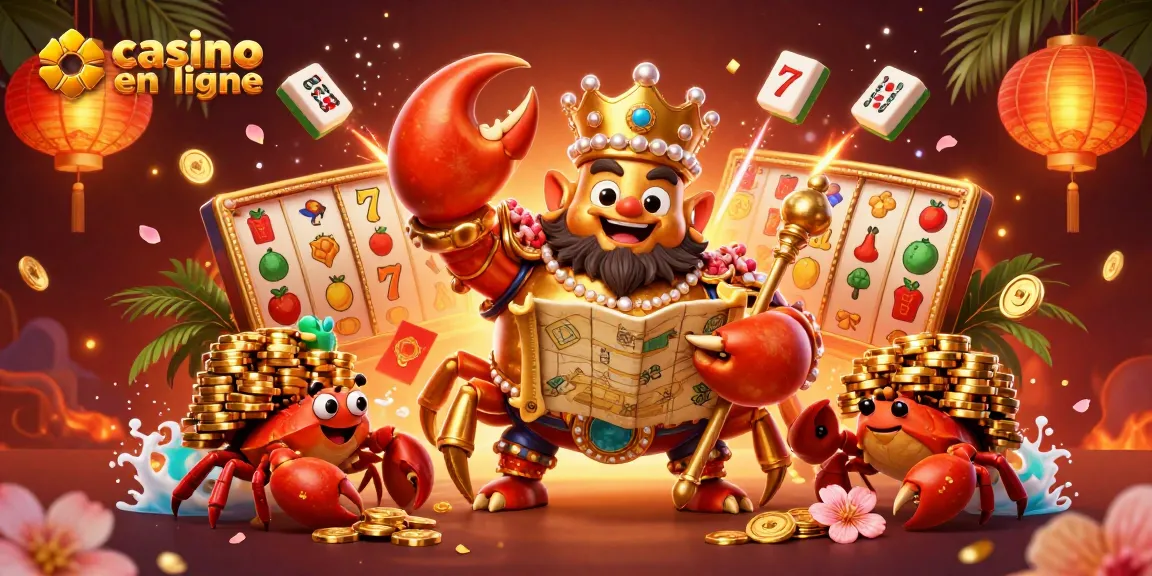 Immergez-vous dans le monde du casino en ligne avec cet empereur crabe doré et ses serviteurs, entourés de machines à sous et de joyaux.
