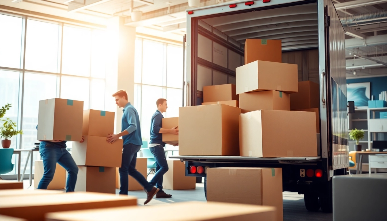 Office Movers transporting furniture and boxes efficiently in a bright, modern office setting.