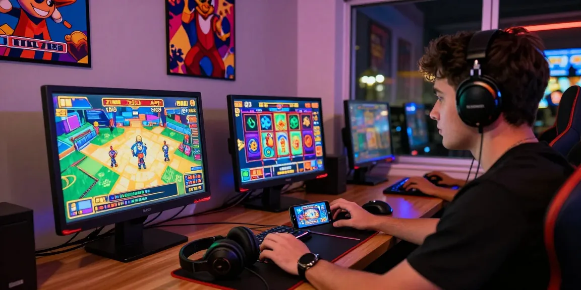 Engaged gamer playing apk slot on ZEUS222 in a vibrant gaming setup.
