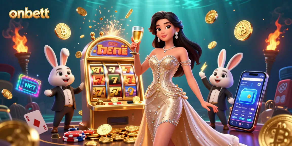 Spin the reels with onbett's vibrant casino scene featuring a glamorous character and jackpot machine.