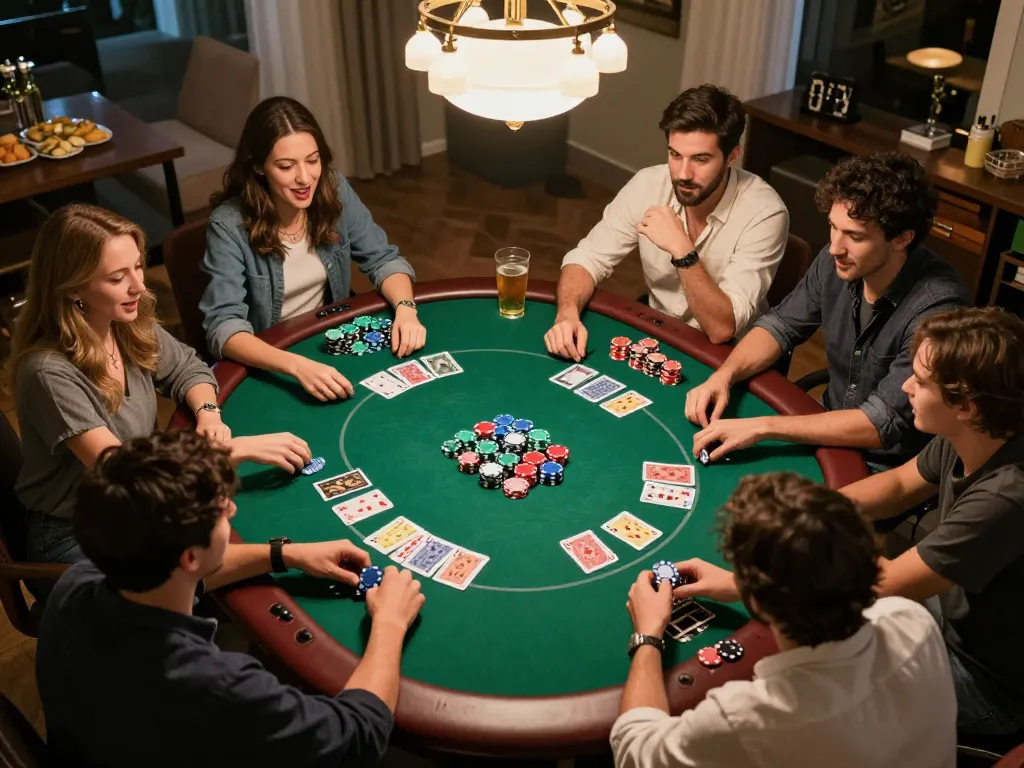 Friends enjoying a lively poker game at home with GG88 Link on the table.