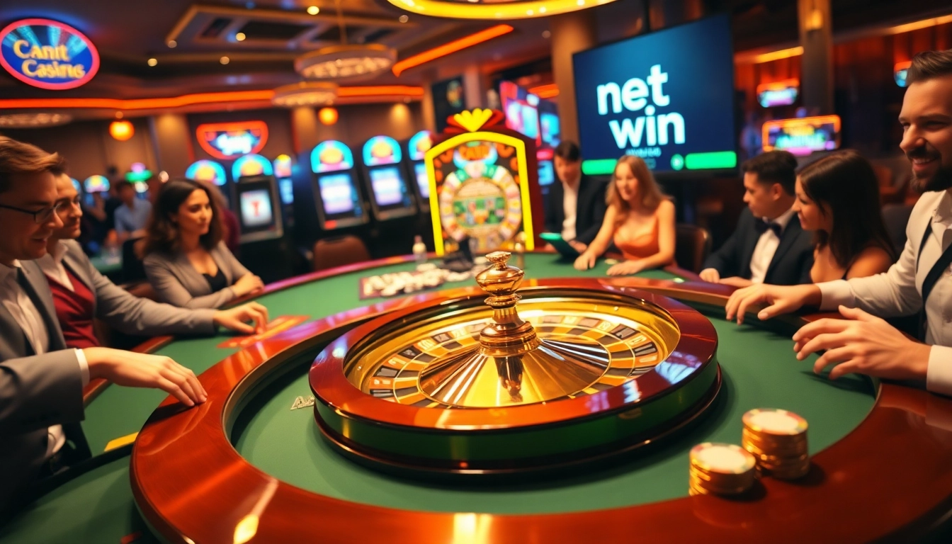 Experience the thrill of net win at a luxury roulette table, with excited players and shining chips.