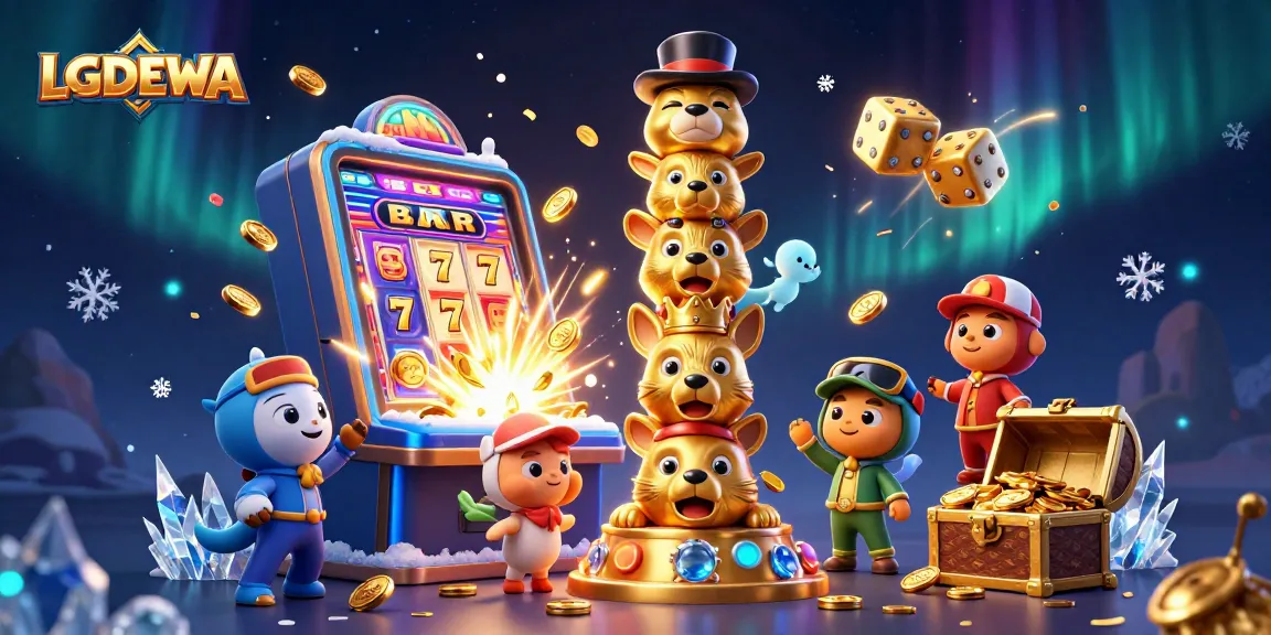 Spin jackpots on LGODEWA with a colorful explosion of slot machines and playful cartoon characters.