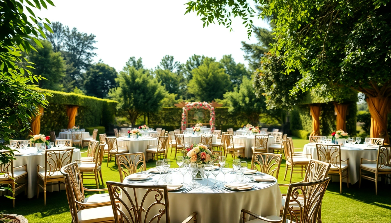 Stunning event furniture rentals in a garden setting featuring elegant arrangements.