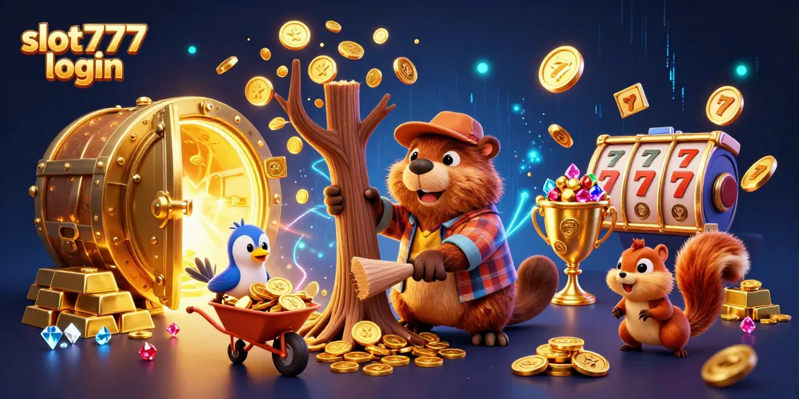 Engage with slot777 login in this vibrant casino illustration featuring a beaver and friends collecting golden coins.