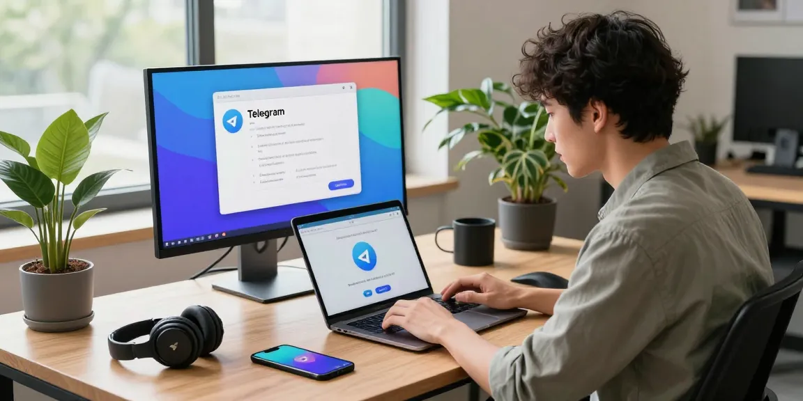 Downloading Telegram中文版下载 in a modern tech workspace with gadgets and vibrant screens.