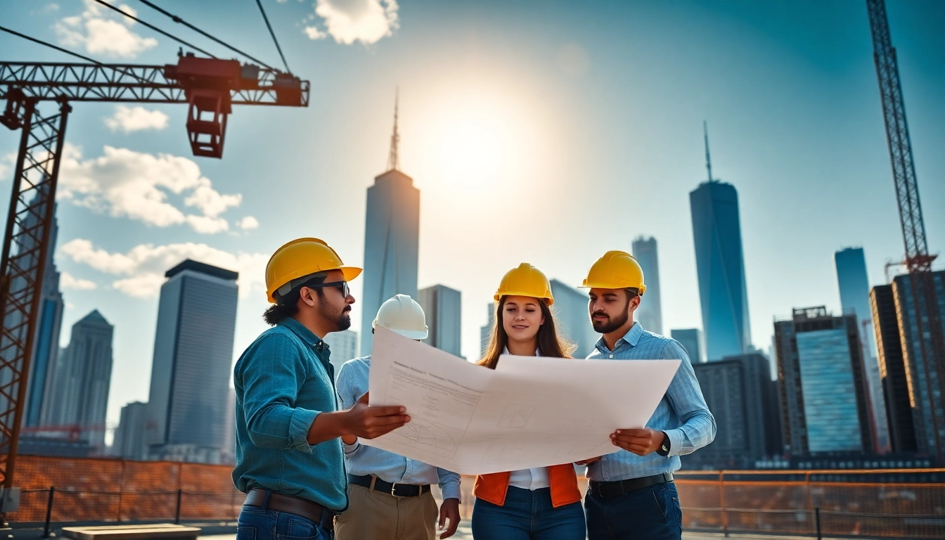 New York City Construction Manager overseeing a bustling construction team with iconic skyline.