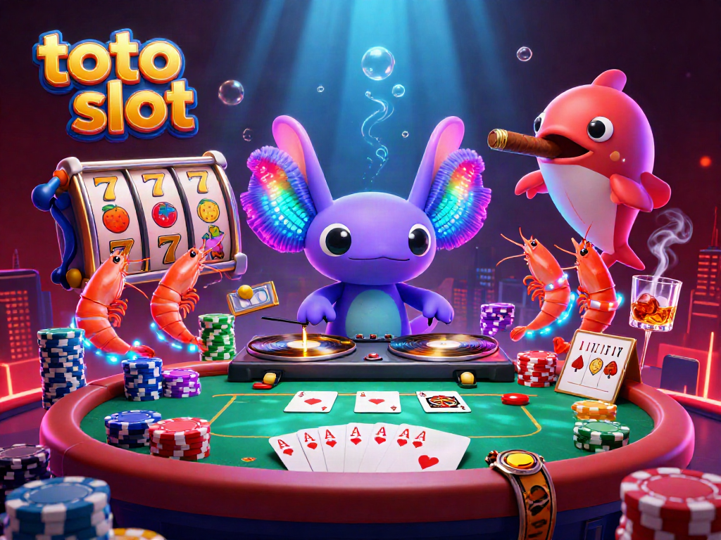 Toto slot immersive scene featuring a neon-colored axolotl DJ and vibrant slot elements, engaging in a dynamic underwater casino.