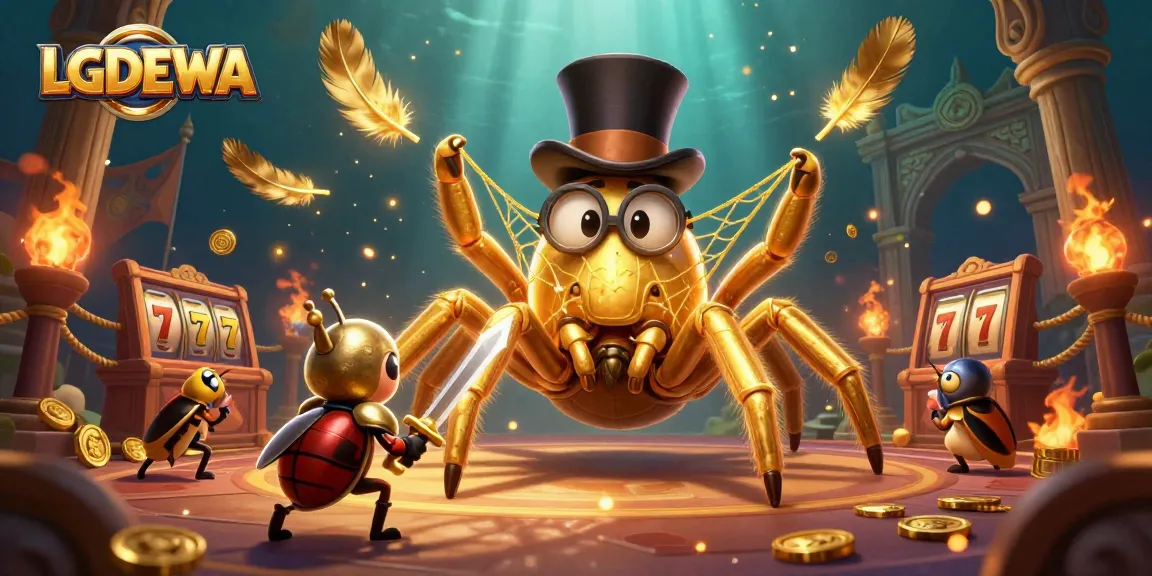 Spin to win with LGODEWA's golden tarantula weaving luck between dazzling casino elements.