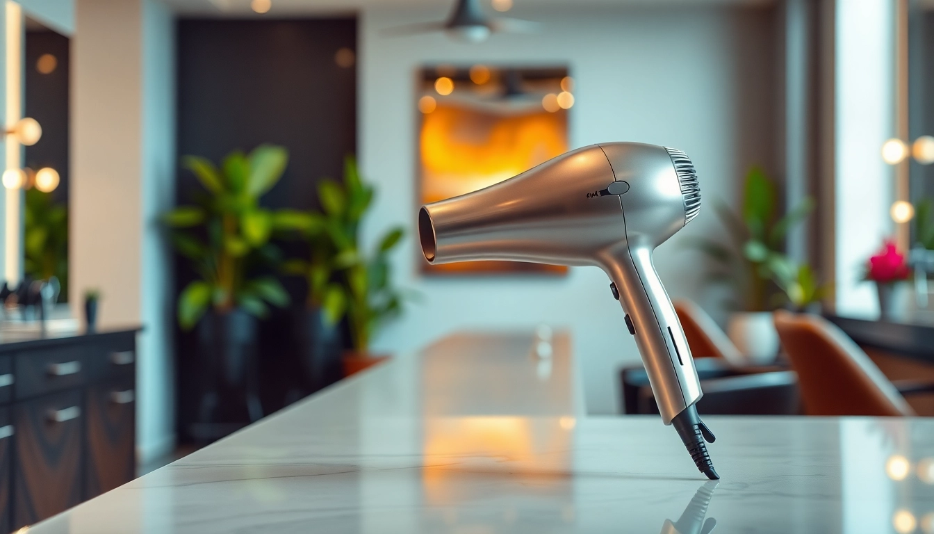 Efficient styling with an ionic blow dryer showcasing its sleek design and vibrant environment.