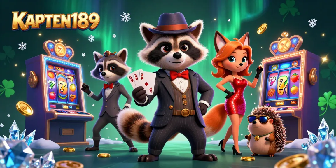 KAPTEN189 mempromosikan permainan slot dengan karakter kartun di latar belakang yang mewah dan penuh warna