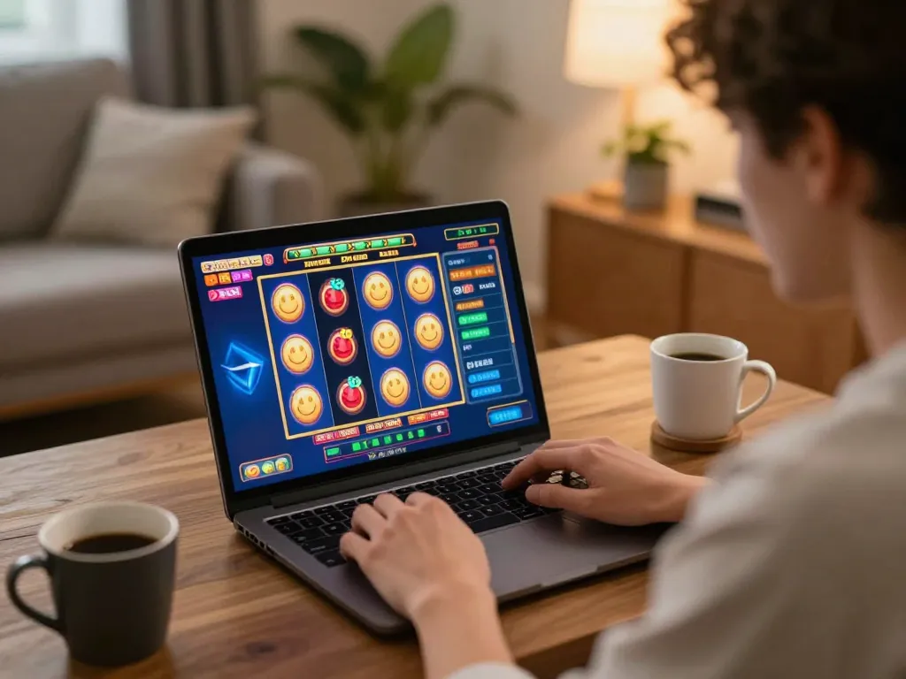 Engaging in an exciting slot online game at home, player focused on vibrant spinning reels.
