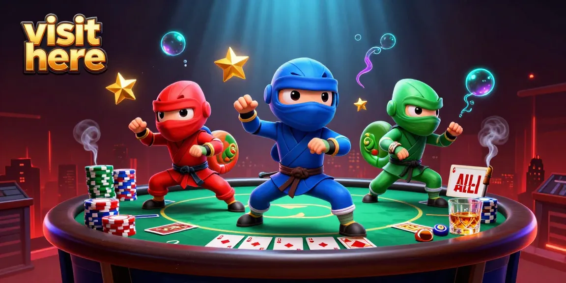 Join our chameleon ninjas in vibrant outfits as they engage in a thrilling poker showdown; visit here for exciting casino adventures!