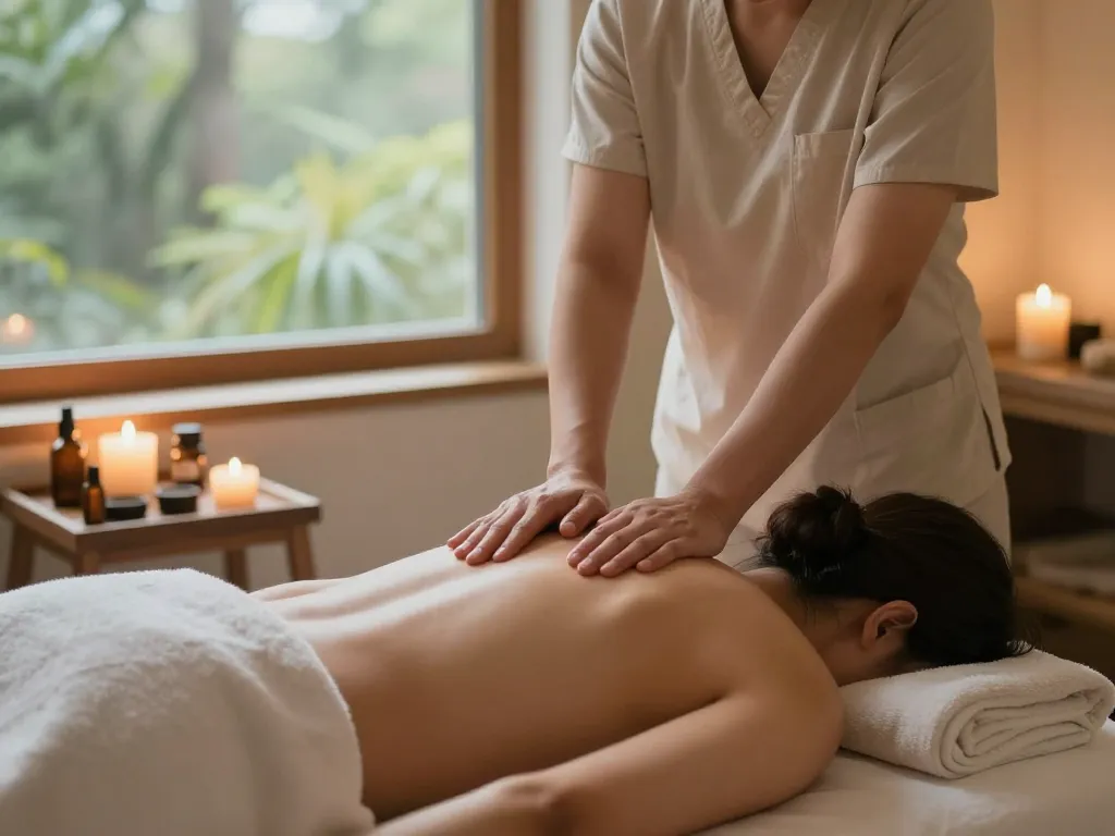 Swedish massage experience at https://www.makangs.com/, featuring a therapist in a serene room with candles and essential oils.