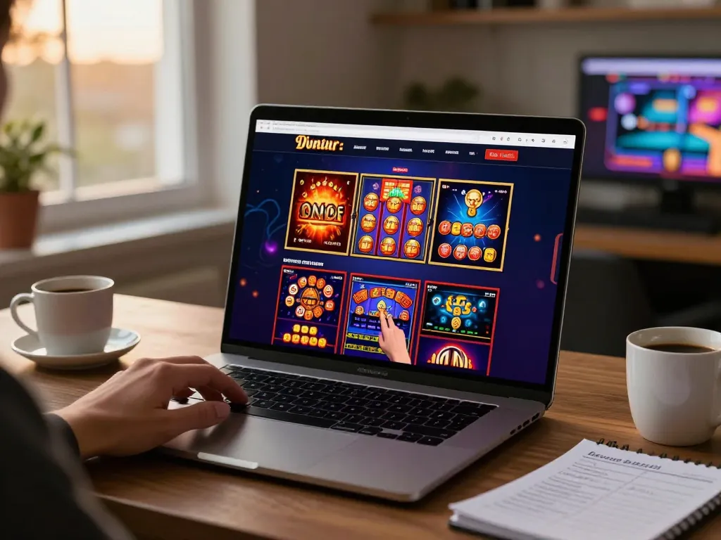 Engaging in giochi casino gratis senza registrazione on a laptop at home, showcasing a vibrant online gaming experience.