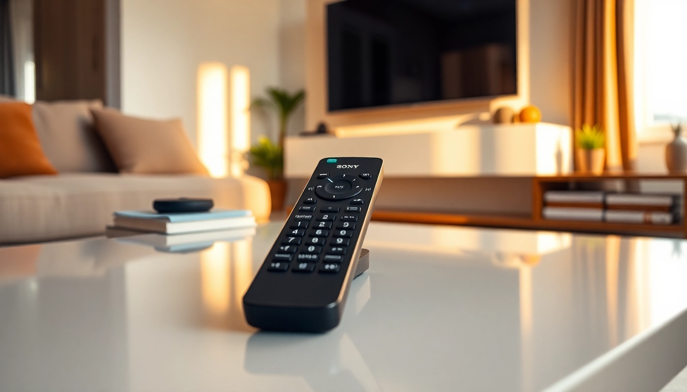 Steuerung der Sony Fernbedienung KD-55 auf einem modernen Couchtisch im gemütlichen Wohnzimmer.